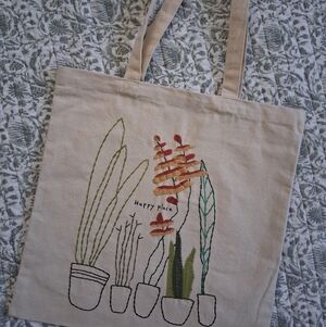 Shoulder Bag With Houseplant Embroidery Cotton